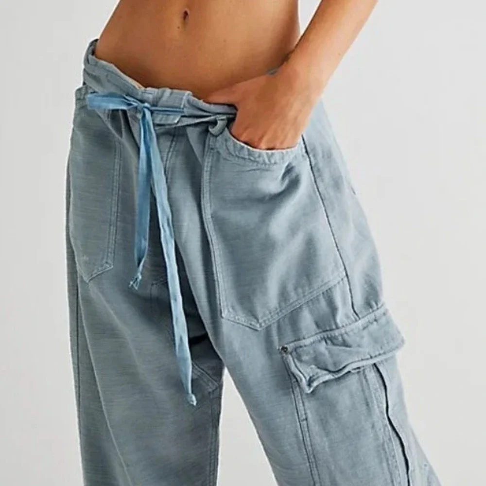 Free People Blue Grey Slub Texture Utility Cargo Pants XS Relaxed Tapered Leg - Picture 3 of 13